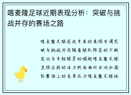 喀麦隆足球近期表现分析：突破与挑战并存的赛场之路