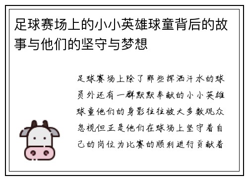 足球赛场上的小小英雄球童背后的故事与他们的坚守与梦想