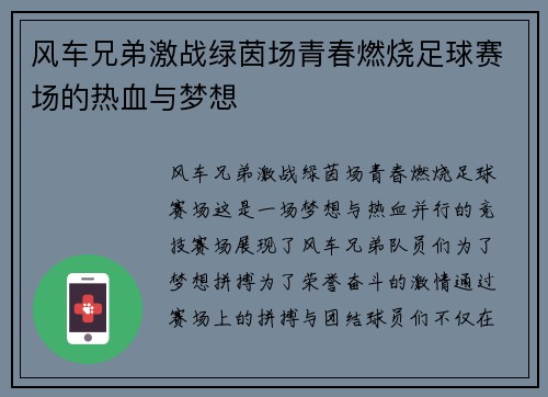 风车兄弟激战绿茵场青春燃烧足球赛场的热血与梦想