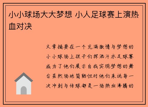 小小球场大大梦想 小人足球赛上演热血对决