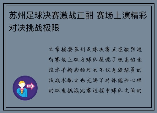 苏州足球决赛激战正酣 赛场上演精彩对决挑战极限
