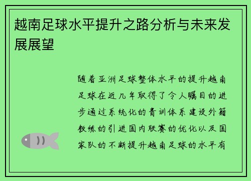越南足球水平提升之路分析与未来发展展望