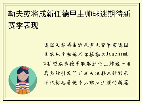 勒夫或将成新任德甲主帅球迷期待新赛季表现