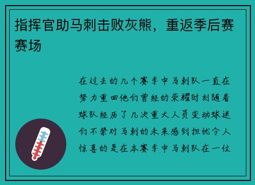 指挥官助马刺击败灰熊，重返季后赛赛场