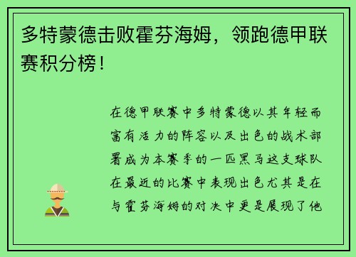 多特蒙德击败霍芬海姆，领跑德甲联赛积分榜！