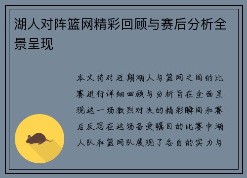 湖人对阵篮网精彩回顾与赛后分析全景呈现