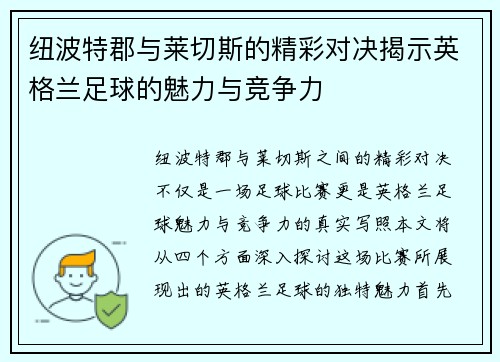 纽波特郡与莱切斯的精彩对决揭示英格兰足球的魅力与竞争力