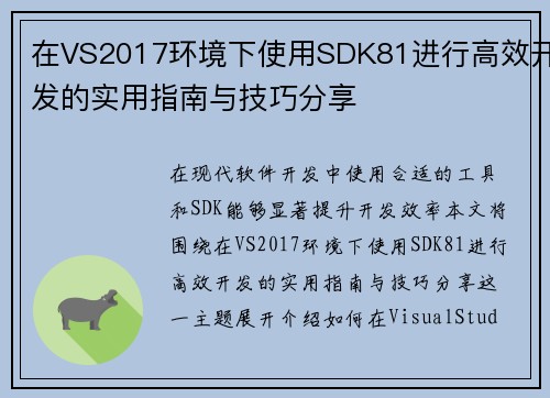 在VS2017环境下使用SDK81进行高效开发的实用指南与技巧分享
