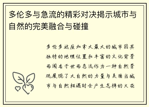 多伦多与急流的精彩对决揭示城市与自然的完美融合与碰撞