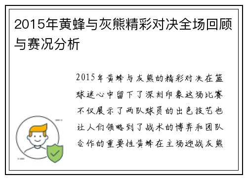 2015年黄蜂与灰熊精彩对决全场回顾与赛况分析