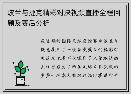 波兰与捷克精彩对决视频直播全程回顾及赛后分析