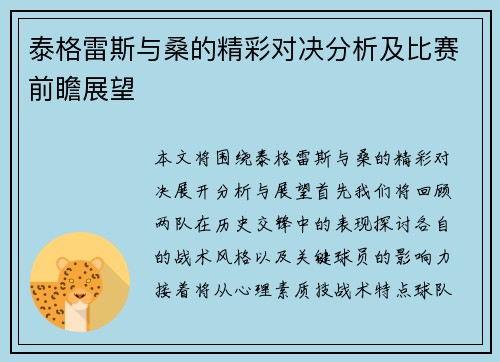 泰格雷斯与桑的精彩对决分析及比赛前瞻展望