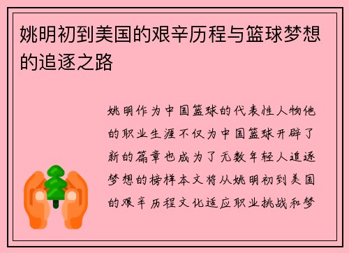 姚明初到美国的艰辛历程与篮球梦想的追逐之路