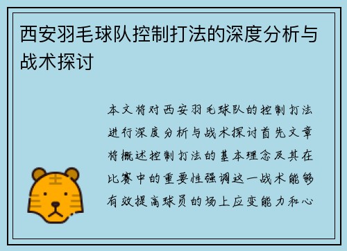 西安羽毛球队控制打法的深度分析与战术探讨